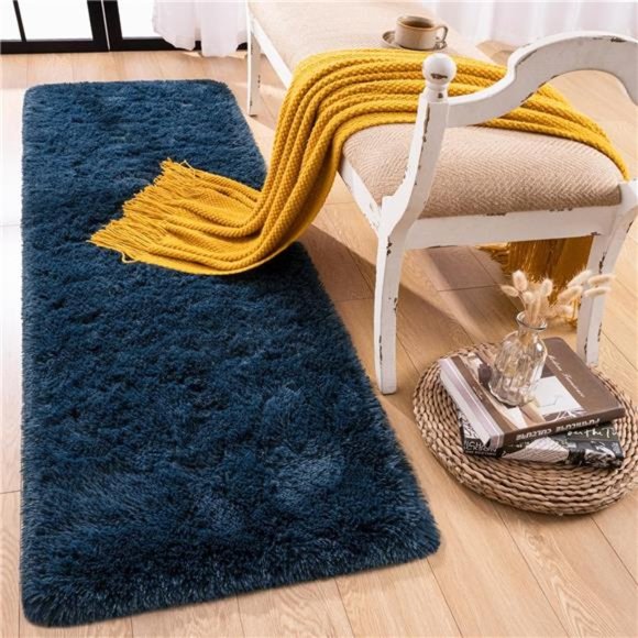 SoftShag Runner Rug for Bedroom,2x6 Feet Fluffy Rugs with Non-Slip,DarkNavy Blue - Picture 6 of 6